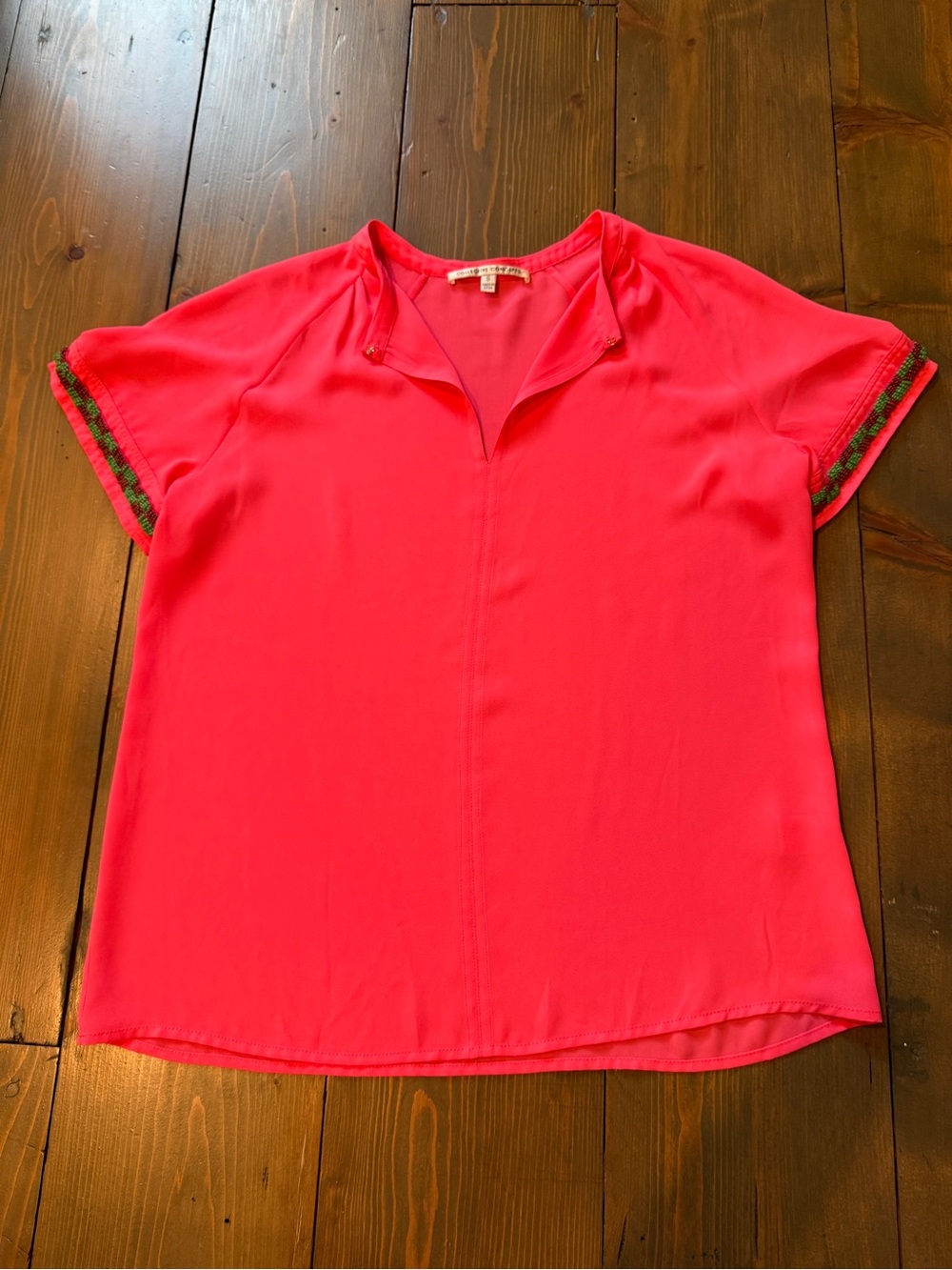 Collective Concepts Bright Pink Short Sleeve Split-Neck Blouse with Trim